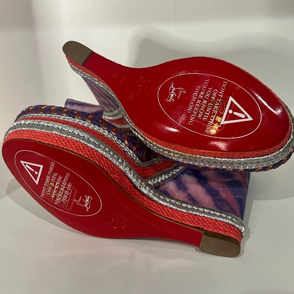 Never worn Christian Louboutin Multicolor Fabric Ankle Strap Platform Wedges - Picture 6 of 9